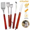 4 Pcs BBQ Tools Set Stainless Steel w/ Wooden Handles Barbecue Outdoor Utensils Grill Accessories Including Spatula Fork Knife Tongs